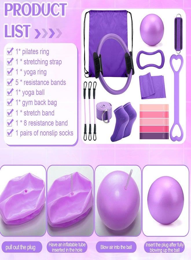 RoundFunny Pilates Ring Circle Set 18 Pcs Exercise Equipment Accessories for Women Workouts Pilates Ball Stretching Strap Magic Circle Yoga Ring Gym Back Bag Resistance Band Anti Slip Socks (Purple) - Image 3